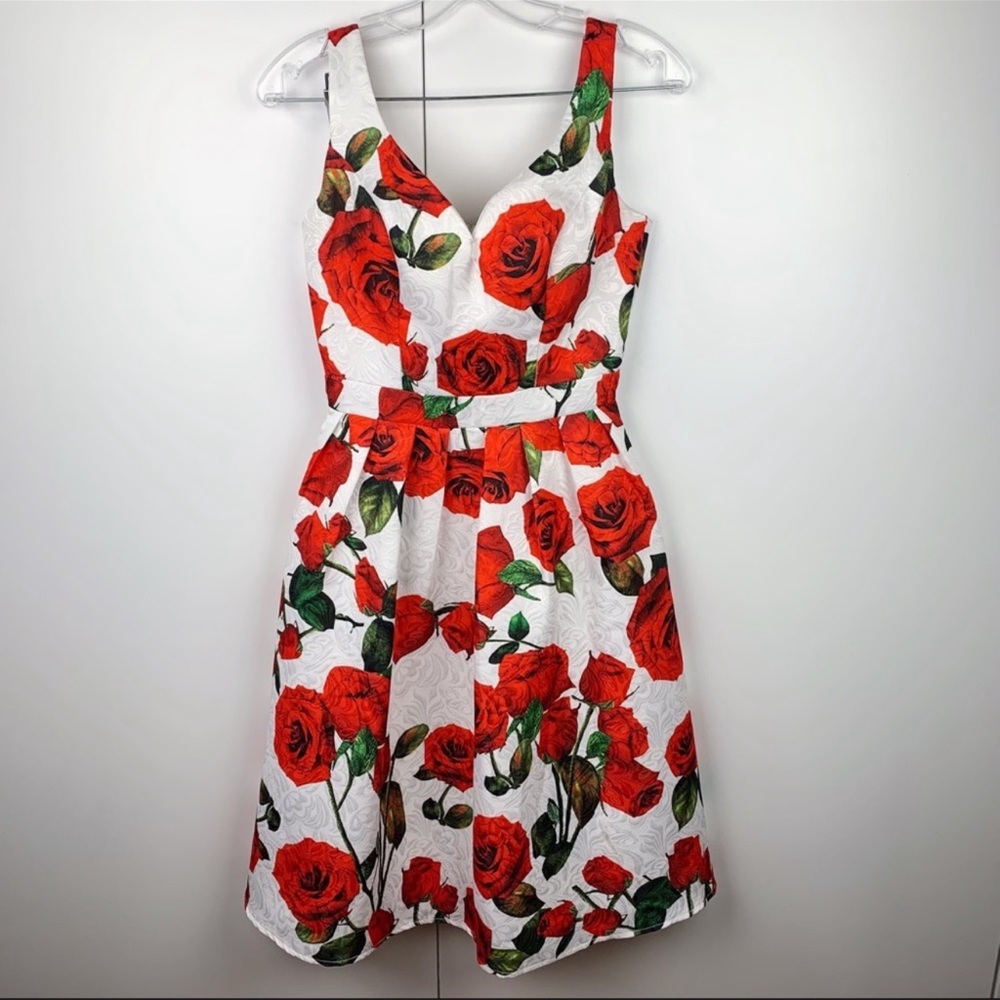 Chi Chi London Modcloth Tea Time Floral Red Rose Dress Retro RARE Sz 12